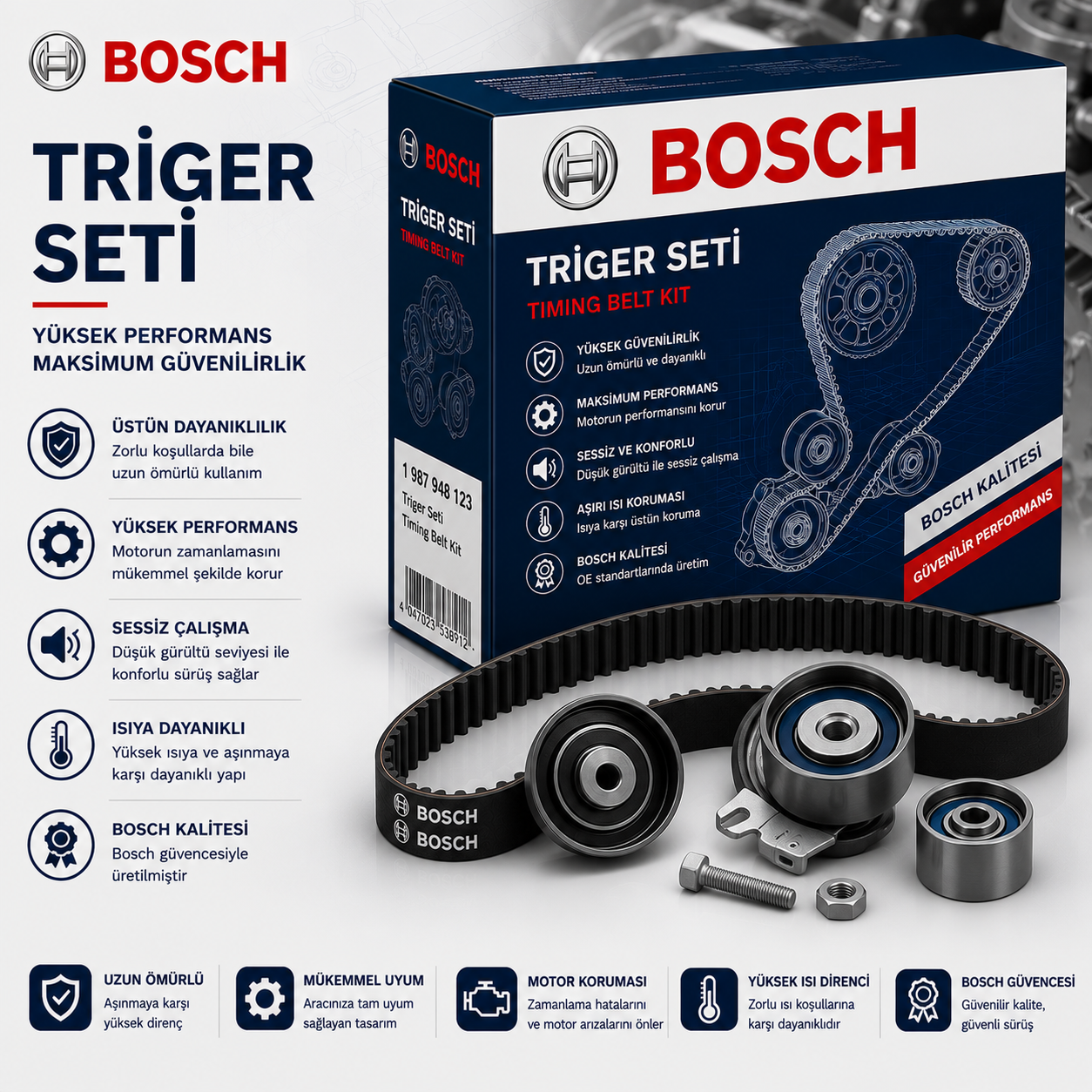 Bosch Triger Kayışı 1987946700 Makara Seti Mitsubishi; Nissan; Opel; Renault; Vauxhall; Volvo Carisma, Mitsubishi; Nissan; Opel; Renault; Vauxhall; Volvo Espace IV, Mitsubishi; Nissan; Opel; Renault; Vauxhall; Volvo Interstar